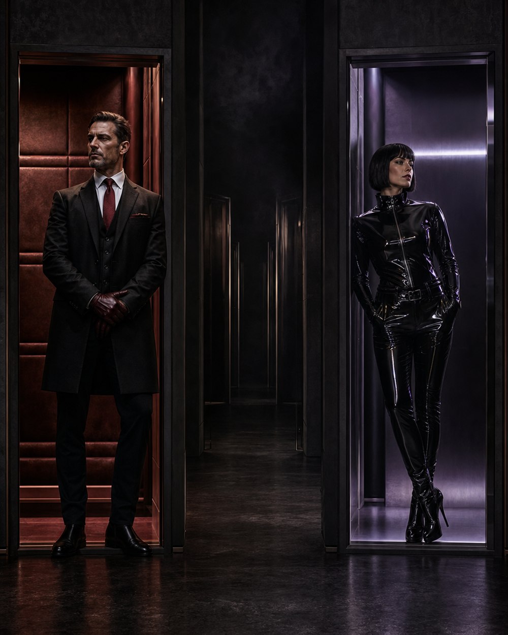 Two adult archetypes stand in separate dark doorways: severe oxblood tailoring and chrome-violet latex streetwear.